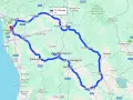 Mapa de una ruta por Italia que incluye Pisa, Florencia, Siena y Arezzo. El recorrido es de 455 km y dura 7h 33min.