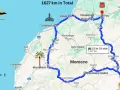 Mapa de rutas por Marruecos, con un recorrido de 1627 km que incluye ciudades como Marrakech, Fes y Merzouga.