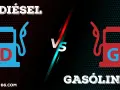 Gráfico comparando el **precio gasolina vs diesel**. Iconos de surtidores de combustible, uno azul con "D" y otro rojo con "G", separados por un "VS".