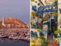 Puerto deportivo y castillo de Santa Bárbara al atardecer, y un patio decorado con macetas azules. Ideas de qué ver en Alicante en un día.