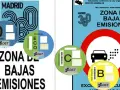 Pegatinas DGT para saber si mi coche es de bajas emisiones en Madrid. Muestran las categorías 0, ECO, C y B.