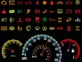 Panel de instrumentos con múltiples señales de avería en el coche, luces de advertencia y medidores.