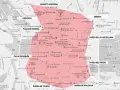Mapa de Madrid con el zbe distrito centro resaltado en rosa, mostrando puntos de interés como Plaza de España, Palacio Real y Museo del Prado.