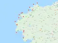 Ruta en coche por la Costa da Morte, con puntos de interés marcados en el mapa.