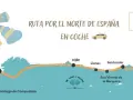 Mapa de una ruta por el norte de España en coche, con paradas en La Coruña, Santiago de Compostela, Gijón, Llanes, Santander, San Vicente de la Barquera y Bilbao.