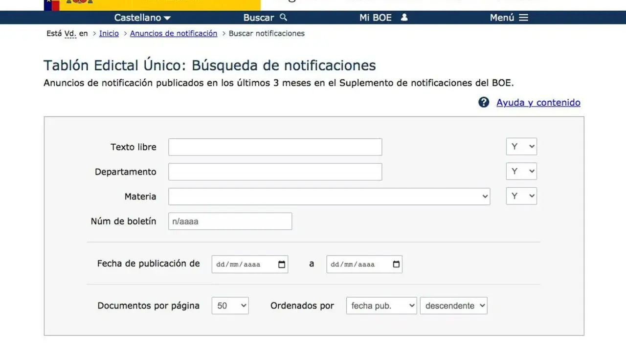 Formulario para buscar notificaciones y saber si tengo multas. Permite filtrar por texto, departamento, materia, número de boletín y fecha.