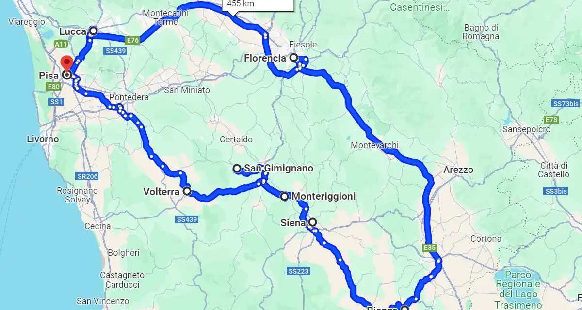 Mapa de una ruta por Italia que incluye Pisa, Florencia, Siena y Arezzo. El recorrido es de 455 km y dura 7h 33min.