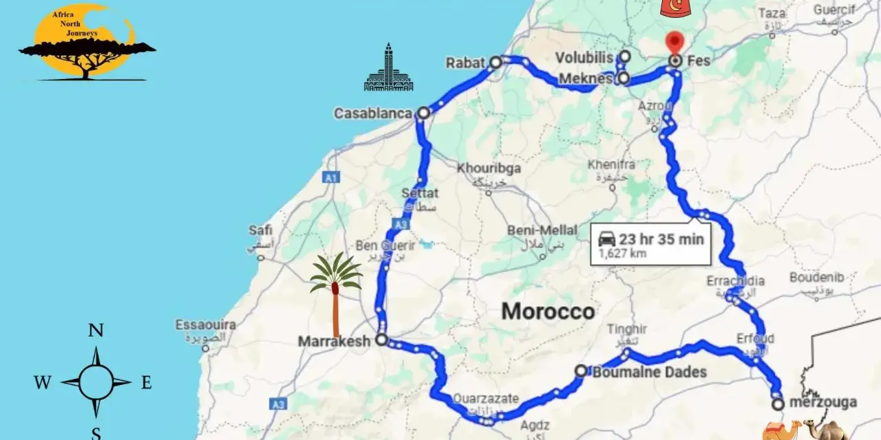 Mapa de rutas por Marruecos, con un recorrido de 1627 km que incluye ciudades como Marrakech, Fes y Merzouga.