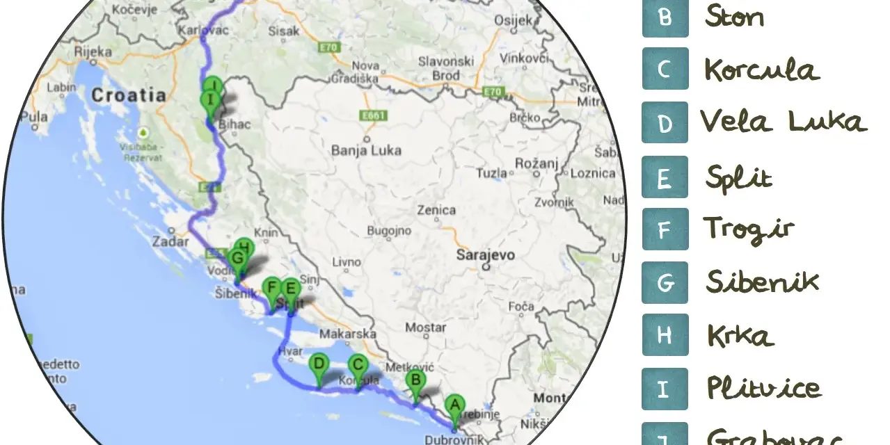 Mapa de ruta croacia 10 dias: Zagreb, Plitvice, Šibenik, Split, Korčula, Dubrovnik y más.