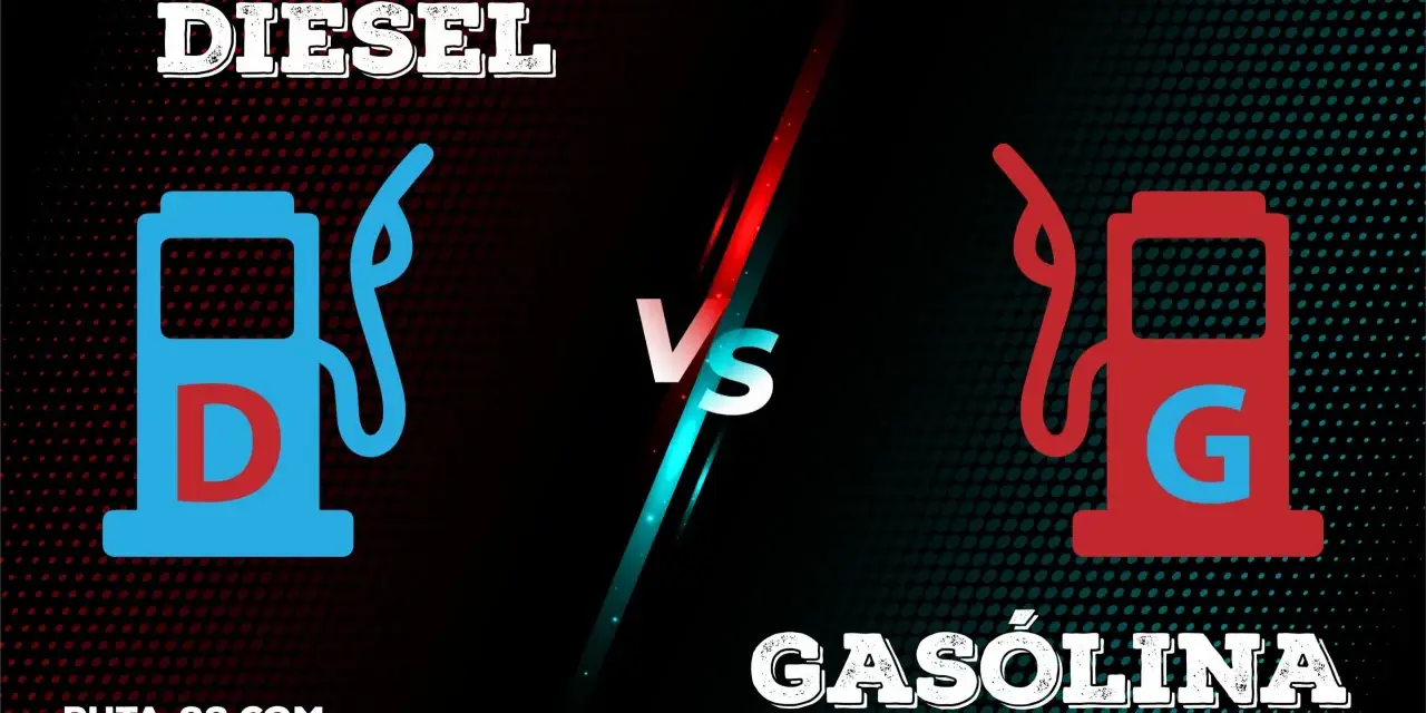 Gráfico comparando el **precio gasolina vs diesel**. Iconos de surtidores de combustible, uno azul con "D" y otro rojo con "G", separados por un "VS".