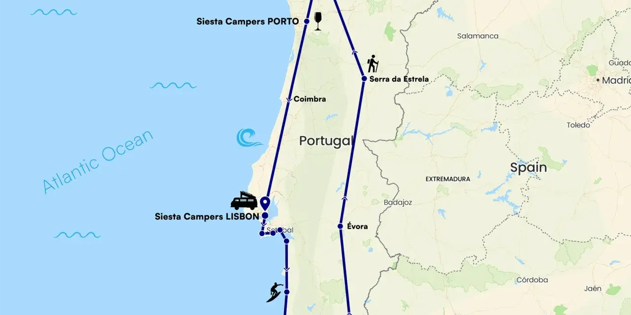Mapa de una ruta por Portugal, incluyendo Porto, Lisboa y Faro, con iconos de surf, senderismo y flamencos.
