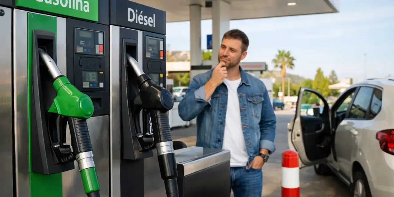 Hombre pensativo frente a surtidores de gasolina y diésel. ¿Cuál elegir para su viaje?