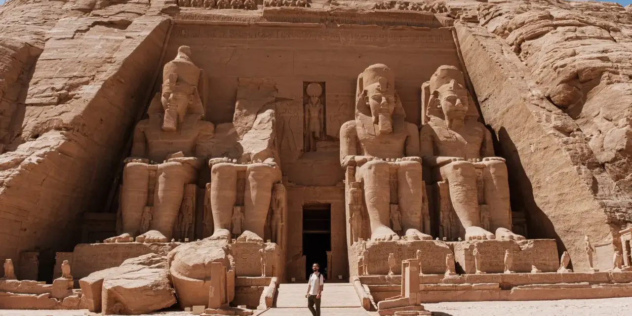 Un viajero explora el templo de Abu Simbel, una maravilla del Antiguo Egipto. ¡Una aventura de egipto por libre inolvidable!