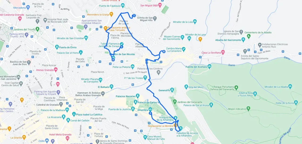 Mapa de ruta para ver en Granada en dos días, incluyendo la Alhambra, Generalife, Mirador de San Nicolás y el Albaicín.