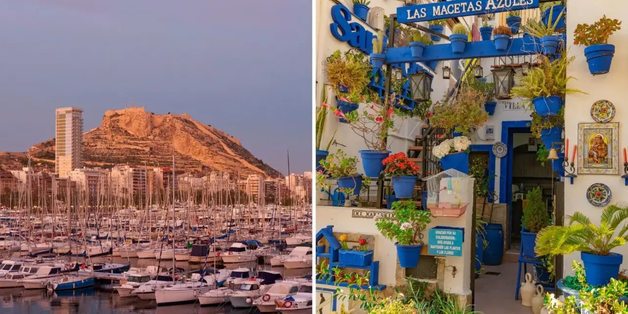Puerto deportivo y castillo de Santa Bárbara al atardecer, y un patio decorado con macetas azules. Ideas de qué ver en Alicante en un día.