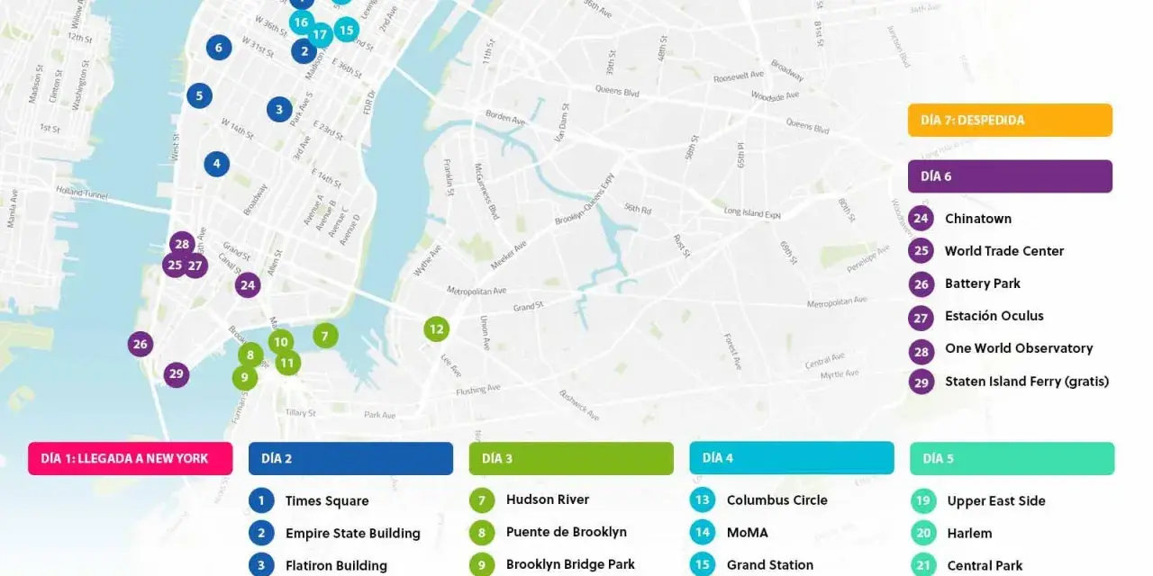 Mapa de Nueva York con itinerario: ¿cuántos días para ver Nueva York? Incluye puntos turísticos por día, desde la llegada hasta la despedida.
