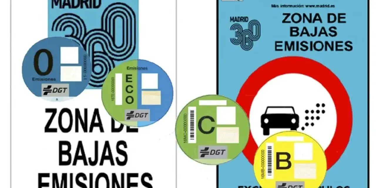 Pegatinas DGT para saber si mi coche es de bajas emisiones en Madrid. Muestran las categorías 0, ECO, C y B.