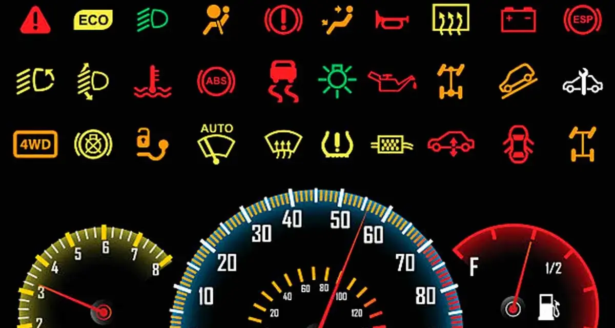 Panel de instrumentos con múltiples señales de avería en el coche, luces de advertencia y medidores.