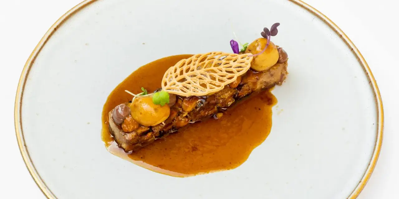 Delicioso plato de carne con salsa y guarnición, ideal para descubrir dónde comer en Zaragoza.