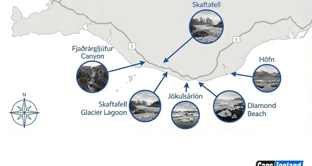 Mapa de una ruta por Islandia, mostrando Reykjavík, Fjaðrárgljúfur Canyon, Skaftafell Glacier Lagoon, Jökulsárlón, Diamond Beach y Höfn.