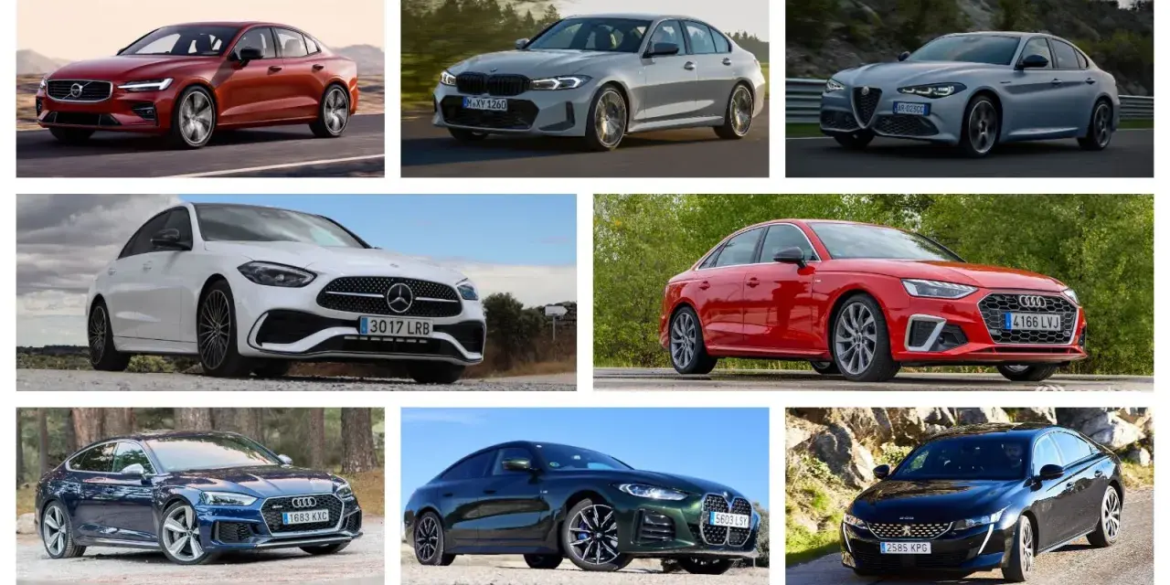 Varios sedanes y berlinas de lujo, como Volvo, BMW, Alfa Romeo, Mercedes-Benz, Audi y Peugeot, ilustran la diferencia entre sedan y berlina.