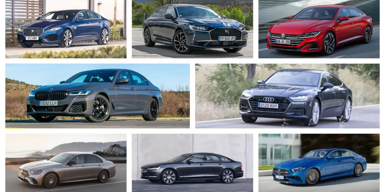 Varios sedanes de lujo, como el Jaguar XF y el BMW Serie 5, ilustran la diferencia entre berlina y coupé.