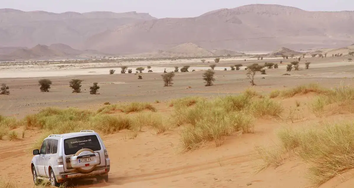 Un todoterreno blanco avanza por dunas de arena en un paisaje desértico de Marruecos. ¡Una aventura de Marruecos 5 días!