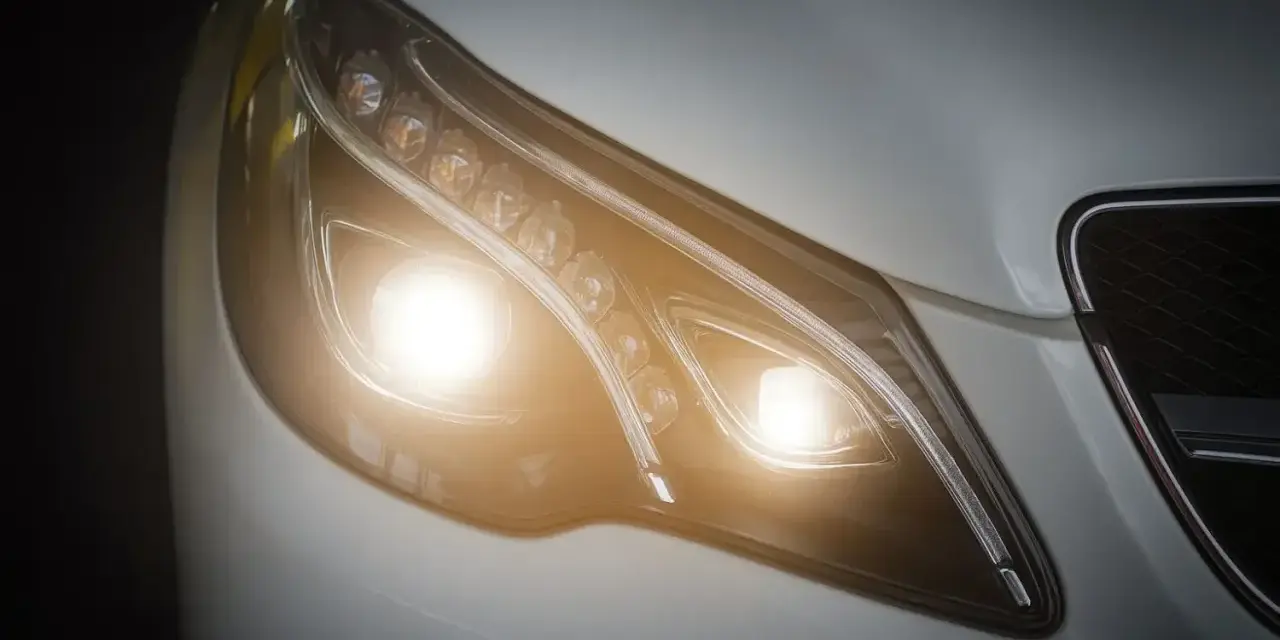 Primer plano de un faro de coche moderno con luces cortas encendidas, un símbolo de visibilidad y seguridad en la carretera.