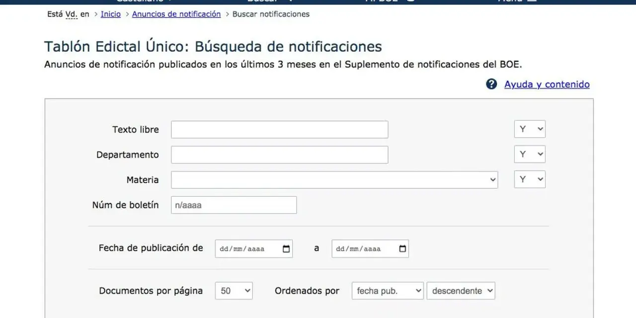 Formulario para buscar notificaciones y saber si tengo multas. Permite filtrar por texto, departamento, materia, número de boletín y fecha.