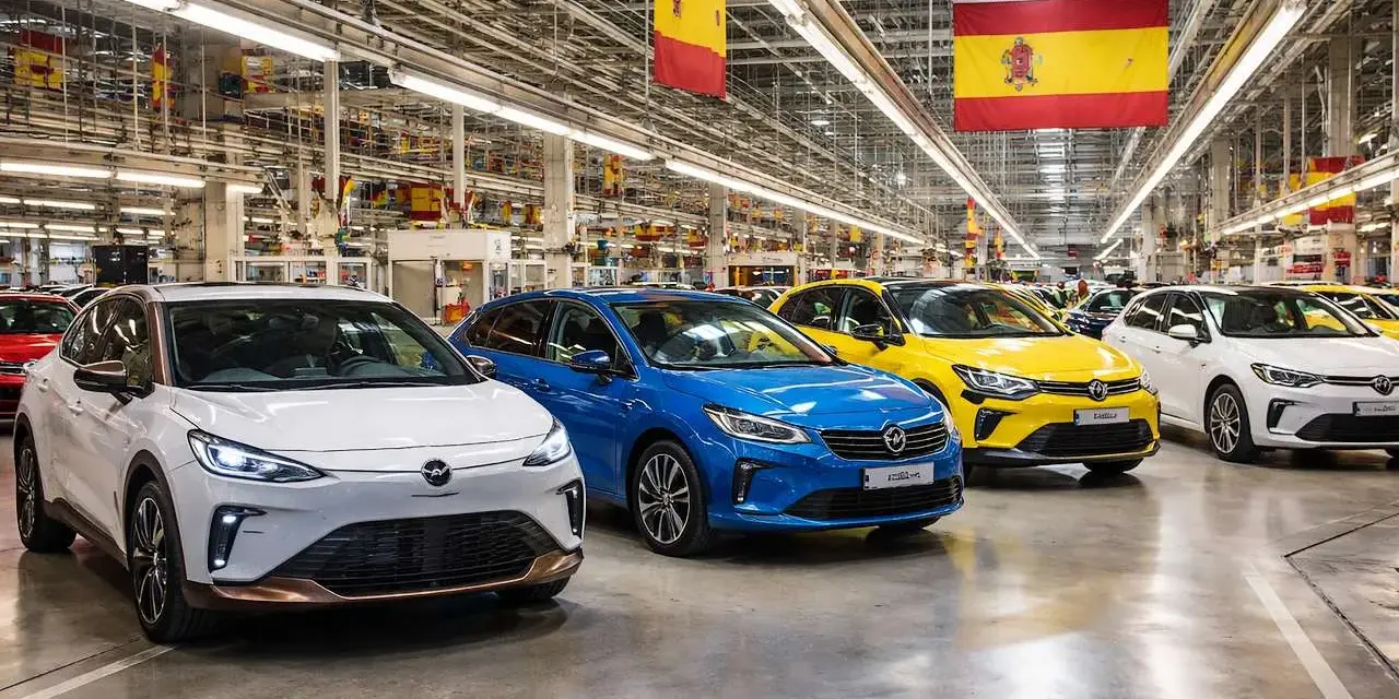 Fábrica de coches en España. Varios modelos nuevos, blanco, azul y amarillo, listos para ser matriculados.