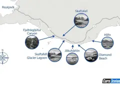 Mapa de una ruta por Islandia, mostrando Reykjavík, Fjaðrárgljúfur Canyon, Skaftafell Glacier Lagoon, Jökulsárlón, Diamond Beach y Höfn.
