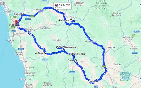 Mapa de una ruta por Italia que incluye Pisa, Florencia, Siena y Arezzo. El recorrido es de 455 km y dura 7h 33min.