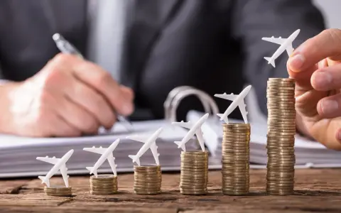 Pequeños aviones sobre pilas de monedas crecientes, simbolizando cómo viajar barato es posible con planificación.