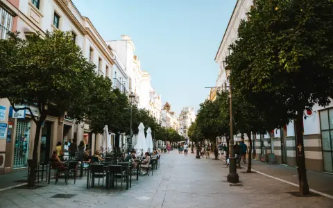 Disfruta de un día en Jerez de la Frontera paseando por esta calle arbolada con terrazas.