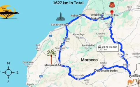 Mapa de rutas por Marruecos, con un recorrido de 1627 km que incluye ciudades como Marrakech, Fes y Merzouga.