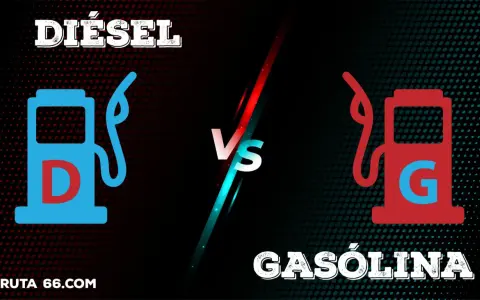 Gráfico comparando el **precio gasolina vs diesel**. Iconos de surtidores de combustible, uno azul con "D" y otro rojo con "G", separados por un "VS".