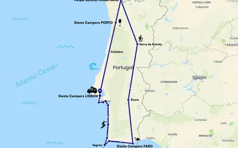 Mapa de una ruta por Portugal, incluyendo Porto, Lisboa y Faro, con iconos de surf, senderismo y flamencos.