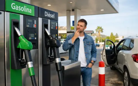 Hombre pensativo frente a surtidores de gasolina y diésel. ¿Cuál elegir para su viaje?