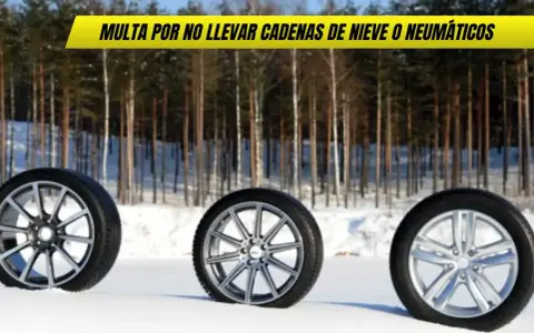 Tres llantas en la nieve. El texto advierte sobre una multa por no llevar cadenas de nieve o neumáticos adecuados para el invierno.