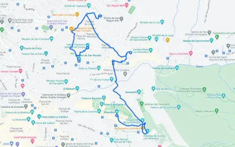 Mapa de ruta para ver en Granada en dos días, incluyendo la Alhambra, Generalife, Mirador de San Nicolás y el Albaicín.