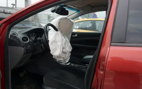 Interior de coche rojo con airbag del conductor desplegado, indicando la dirección del vehículo activa o pasiva tras un impacto.