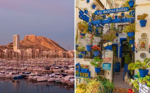 Puerto deportivo y castillo de Santa Bárbara al atardecer, y un patio decorado con macetas azules. Ideas de qué ver en Alicante en un día.