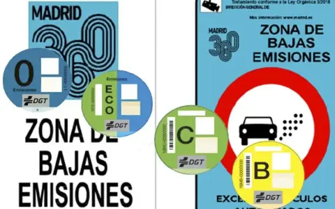 Pegatinas DGT para saber si mi coche es de bajas emisiones en Madrid. Muestran las categorías 0, ECO, C y B.