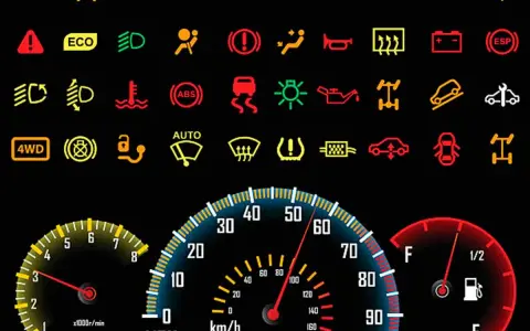 Panel de instrumentos con múltiples señales de avería en el coche, luces de advertencia y medidores.