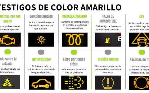 Icono de luces de coche: motor, bombilla, precalentamiento, combustible, EPS, hielo, inmovilizador, filtro diésel, presión y pastillas de freno.