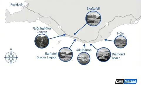 Mapa de una ruta por Islandia, mostrando Reykjavík, Fjaðrárgljúfur Canyon, Skaftafell Glacier Lagoon, Jökulsárlón, Diamond Beach y Höfn.