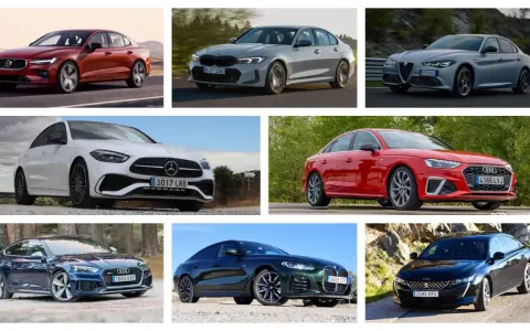 Varios sedanes y berlinas de lujo, como Volvo, BMW, Alfa Romeo, Mercedes-Benz, Audi y Peugeot, ilustran la diferencia entre sedan y berlina.