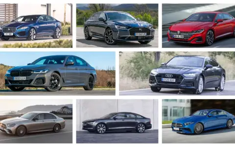 Varios sedanes de lujo, como el Jaguar XF y el BMW Serie 5, ilustran la diferencia entre berlina y coupé.