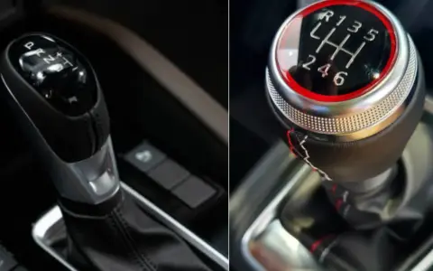 Palanca de un coche automático (P, R, N, D) y palanca de un coche manual de 6 velocidades.