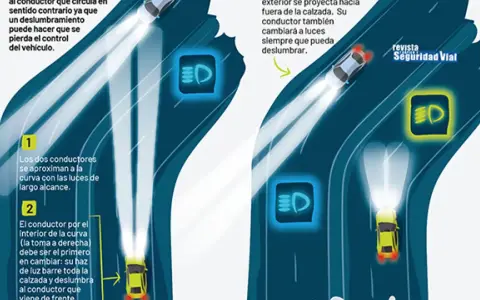 Ilustración de dos coches en una curva, uno con luces de largo alcance y otro que debe cambiarlas para evitar deslumbrar. Símbolo luces largas.